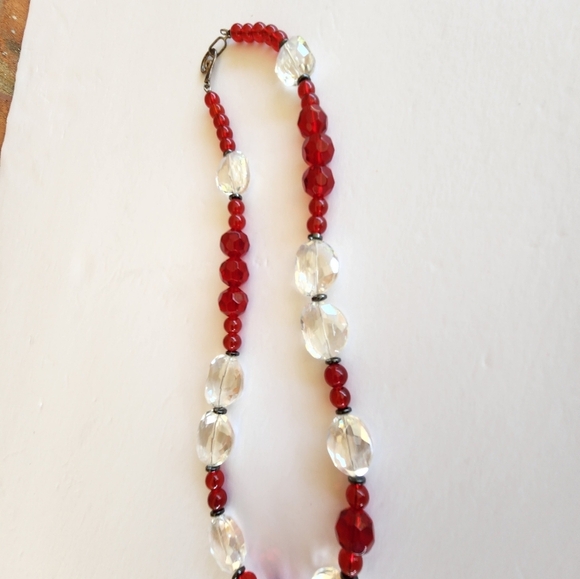 Hand Crafted Necklace Crystal Hematite Glass Beads Clear Red 23" Length - Picture 5 of 8